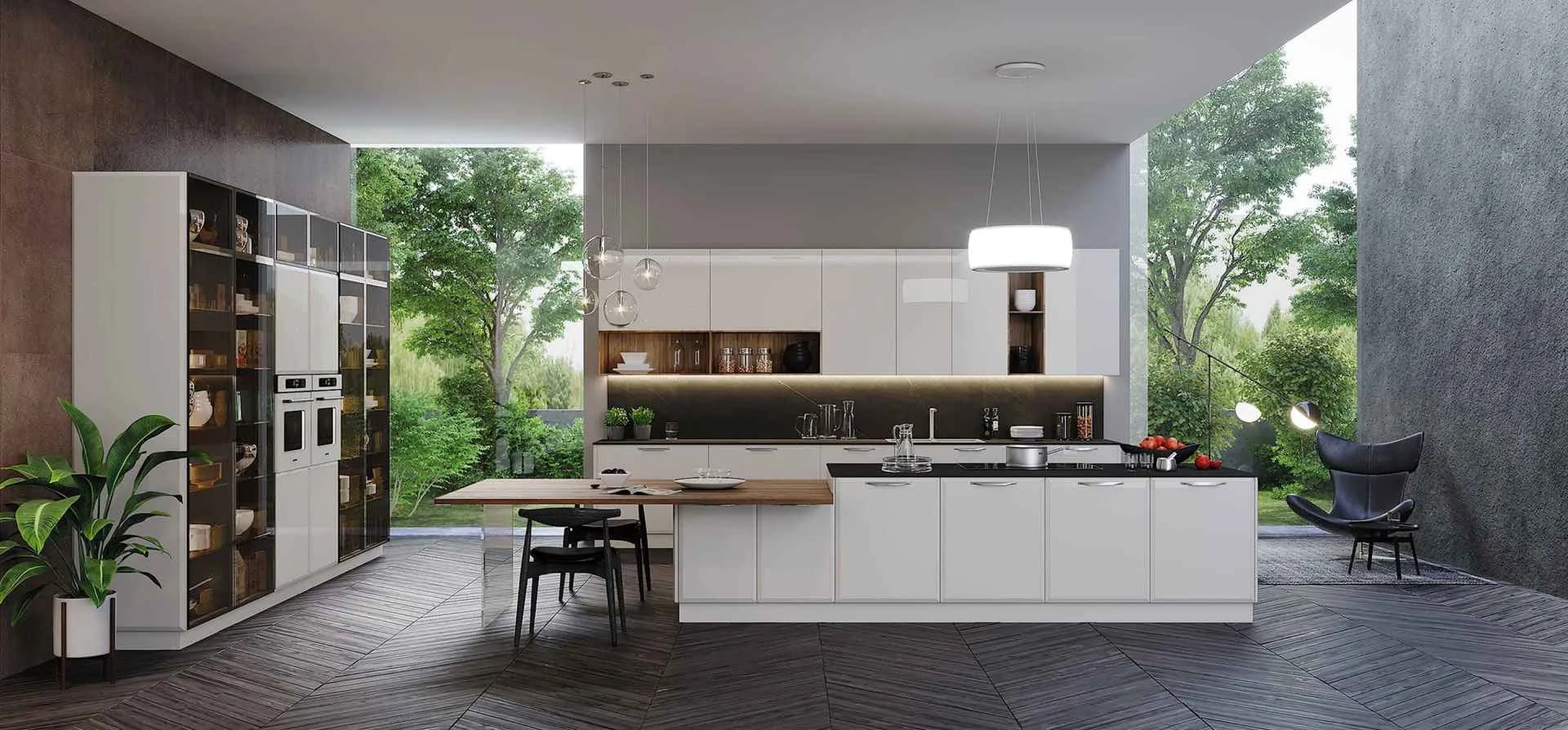 Luxury modular kitchen design with custom white cabinets and built-in shelving Bangalore