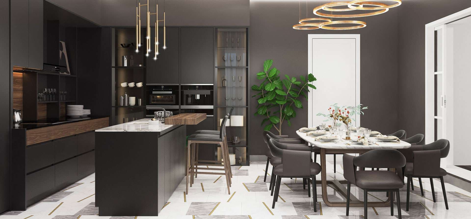 Modern charcoal modular kitchen and dining room cabinet design from EvoSpace Bangalore