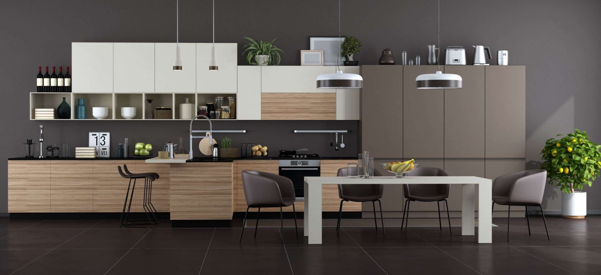 Custom two-tone modular kitchen cabinets with light wood veneer finishes in Bangalore