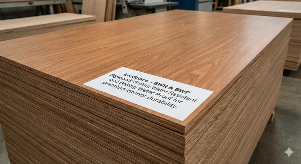 Stack of plywood sheets with a wood-grain face and a visible layered edge