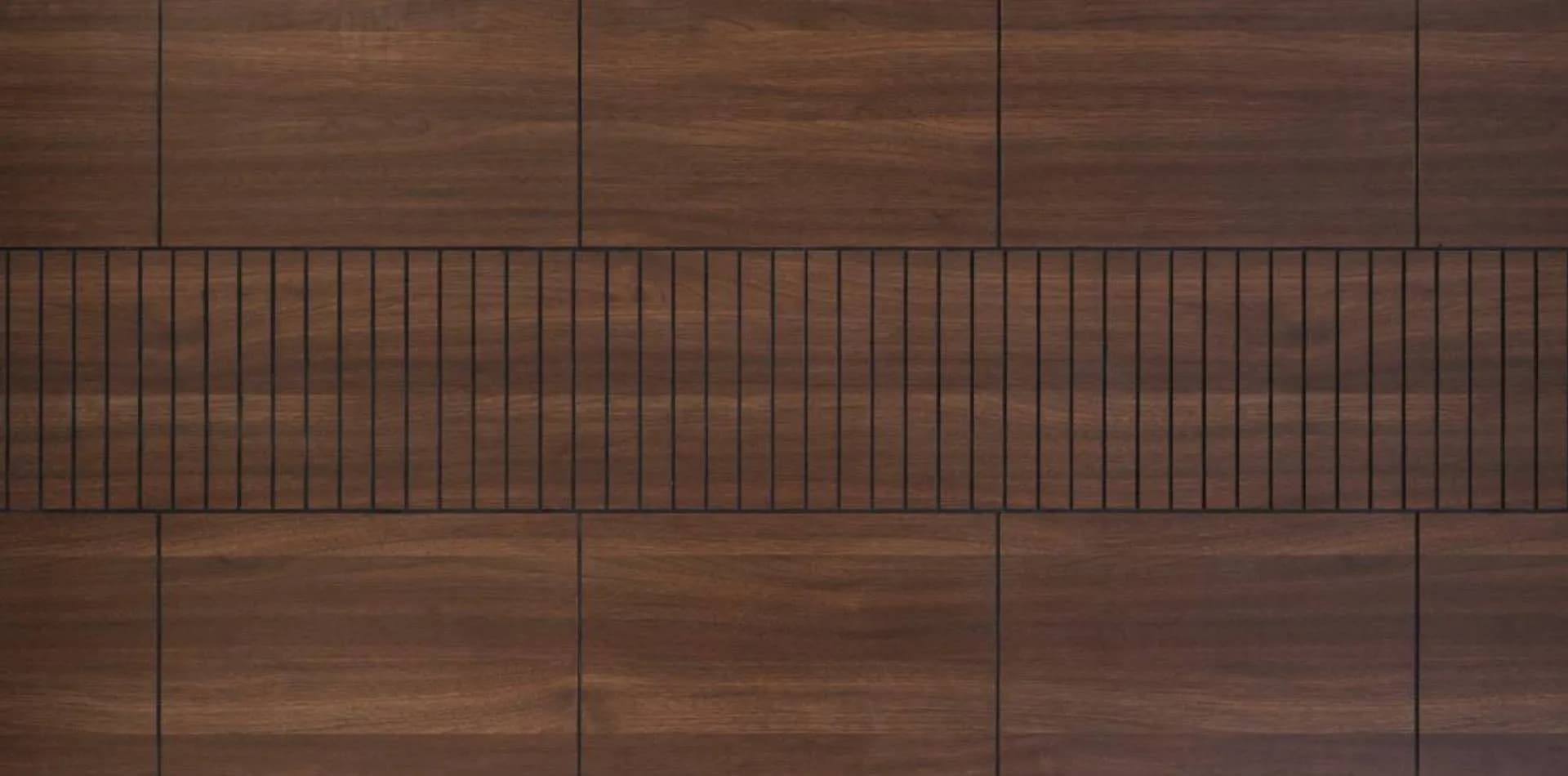Dark wood door with a vertical-groove band across the middle