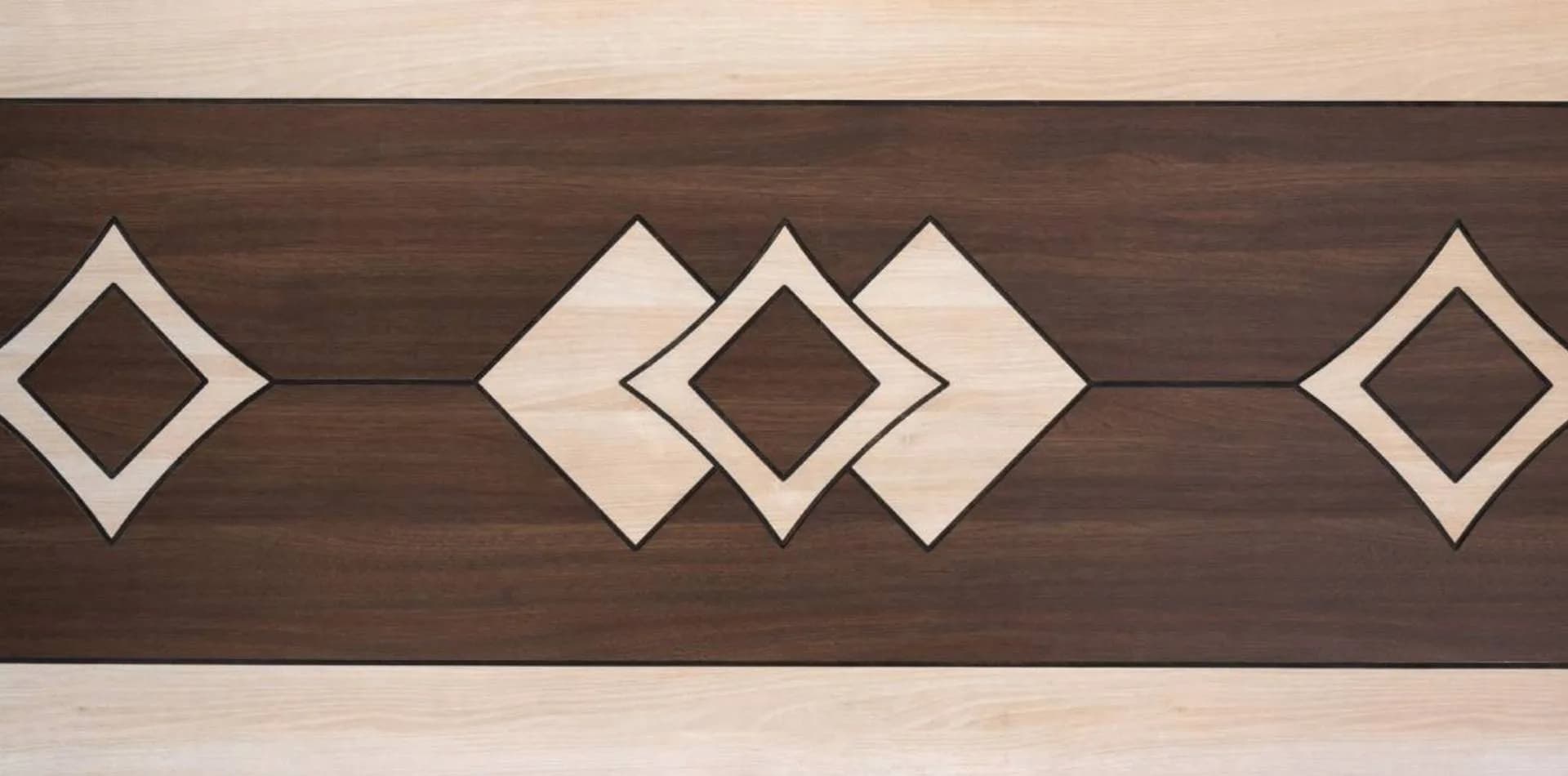 Dark wood door with a cream diamond inlay pattern