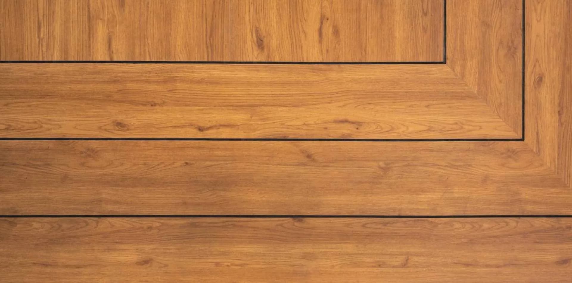 Warm wood-grain door with inset border grooves