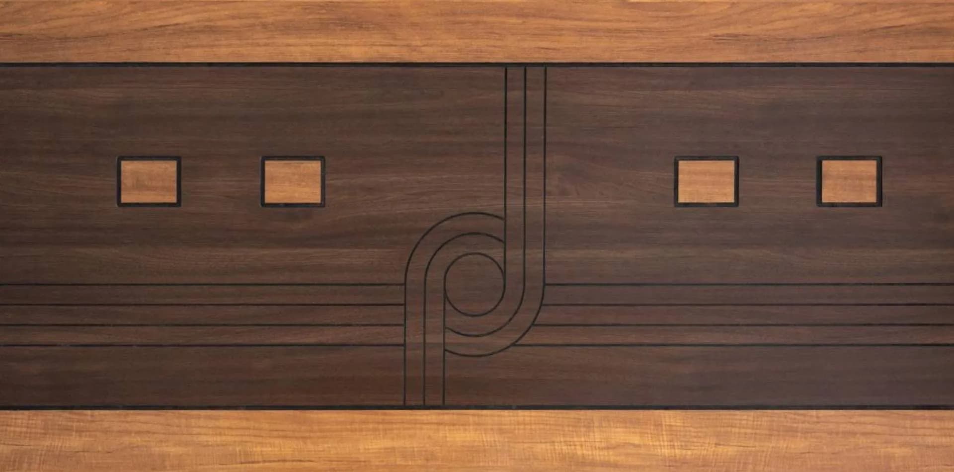 Dark wood door with square cut-outs and a curved line design