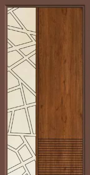 Door with a cream laminate panel cut in an angular pattern beside a brown wood-grain panel