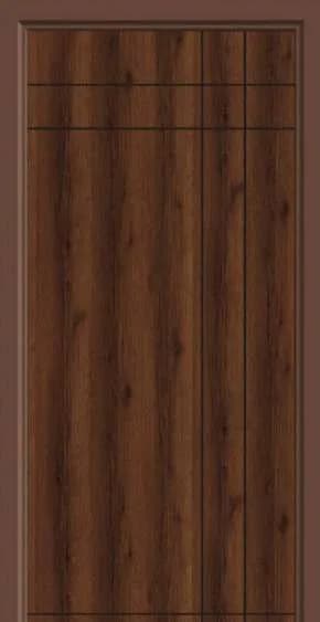 Dark brown wood-grain laminate door with CNC grooves near the top