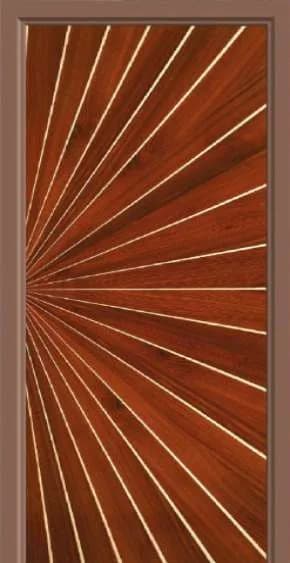 Door with a sunburst pattern of veneer strips in red-brown tones