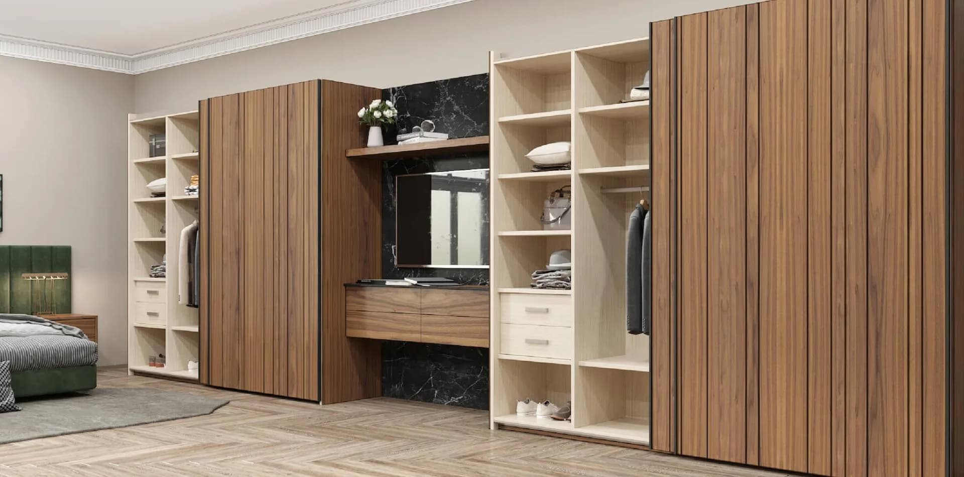 Walnut fluted shutters on a bedroom wardrobe and TV unit