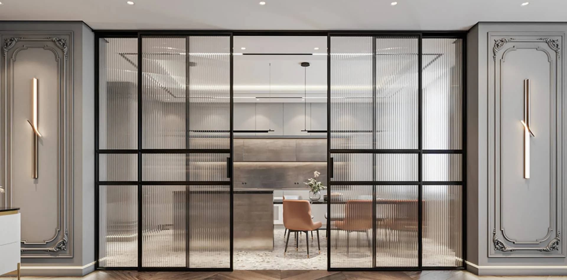 Fluted-glass black steel partition doors in a dining room