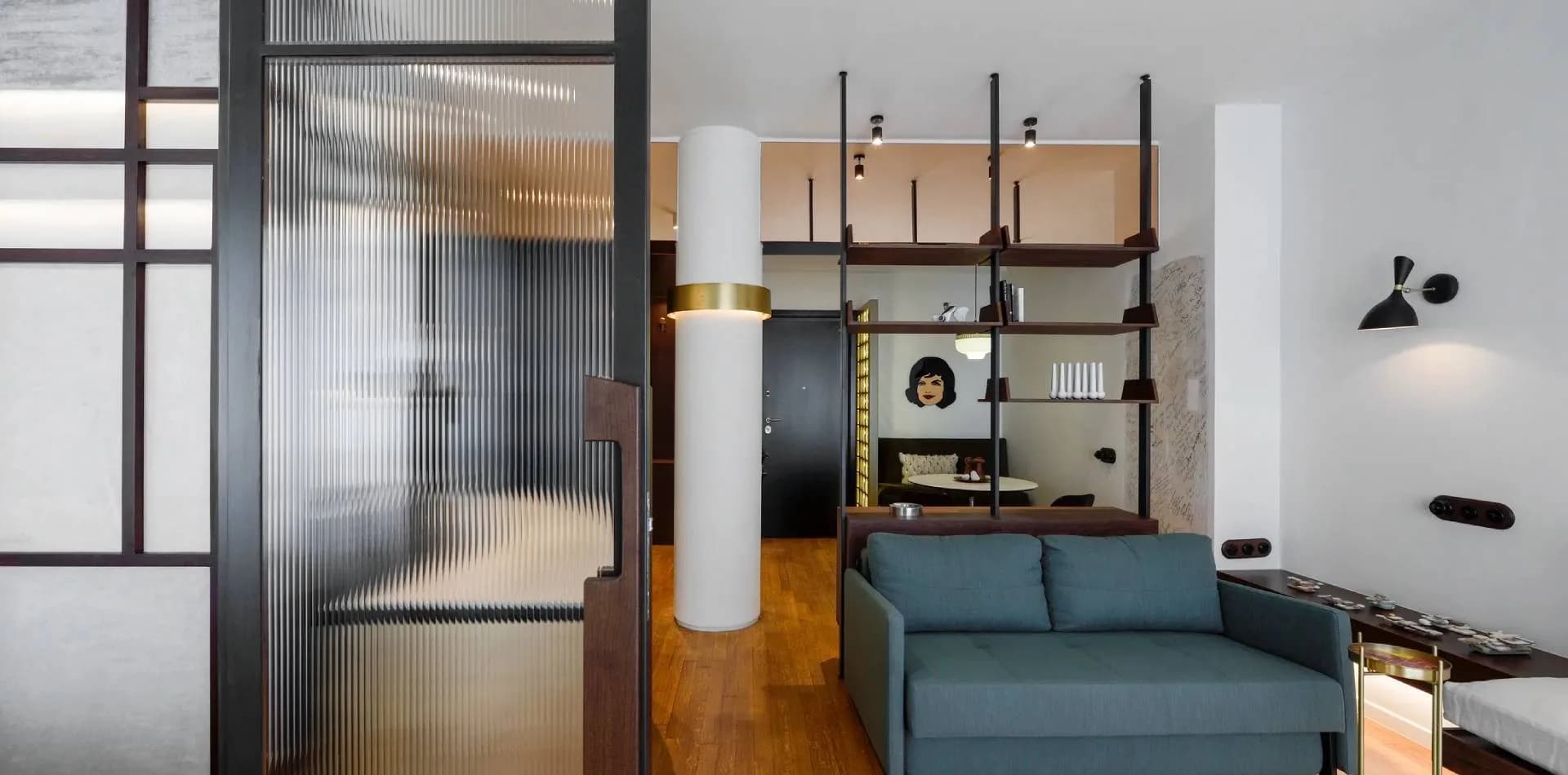 Fluted-glass steel-framed door in a living area