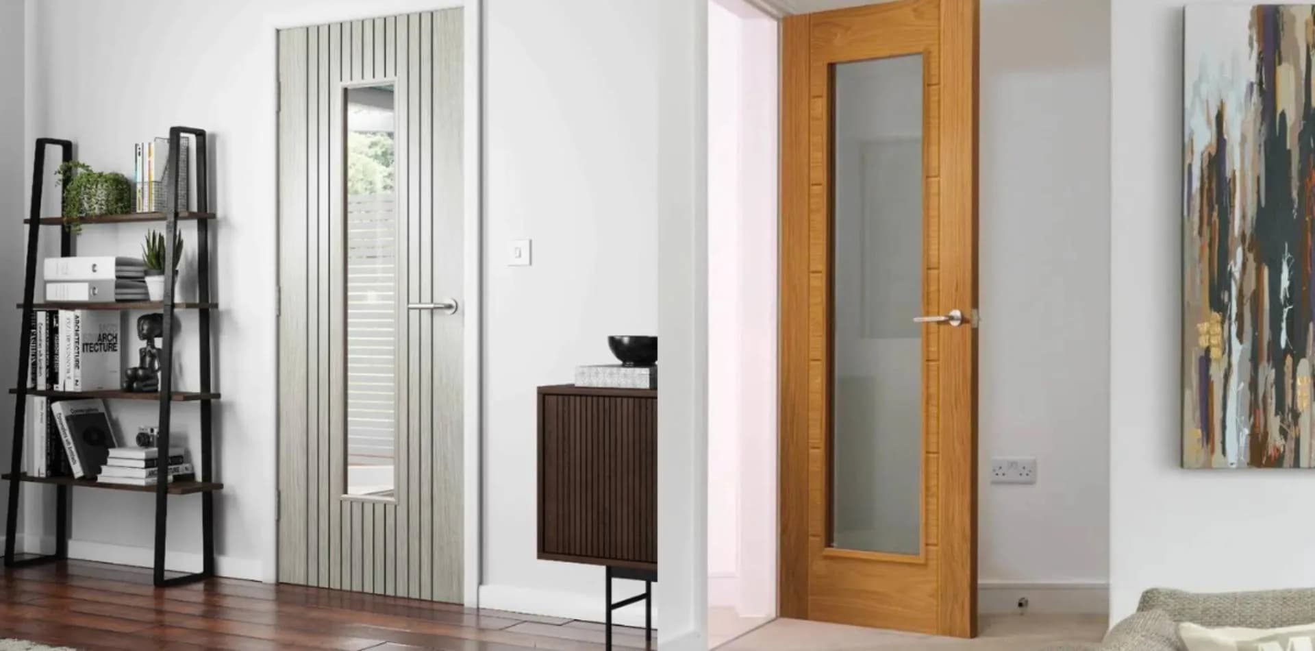 Grey fluted interior door with a glass panel beside a wood door