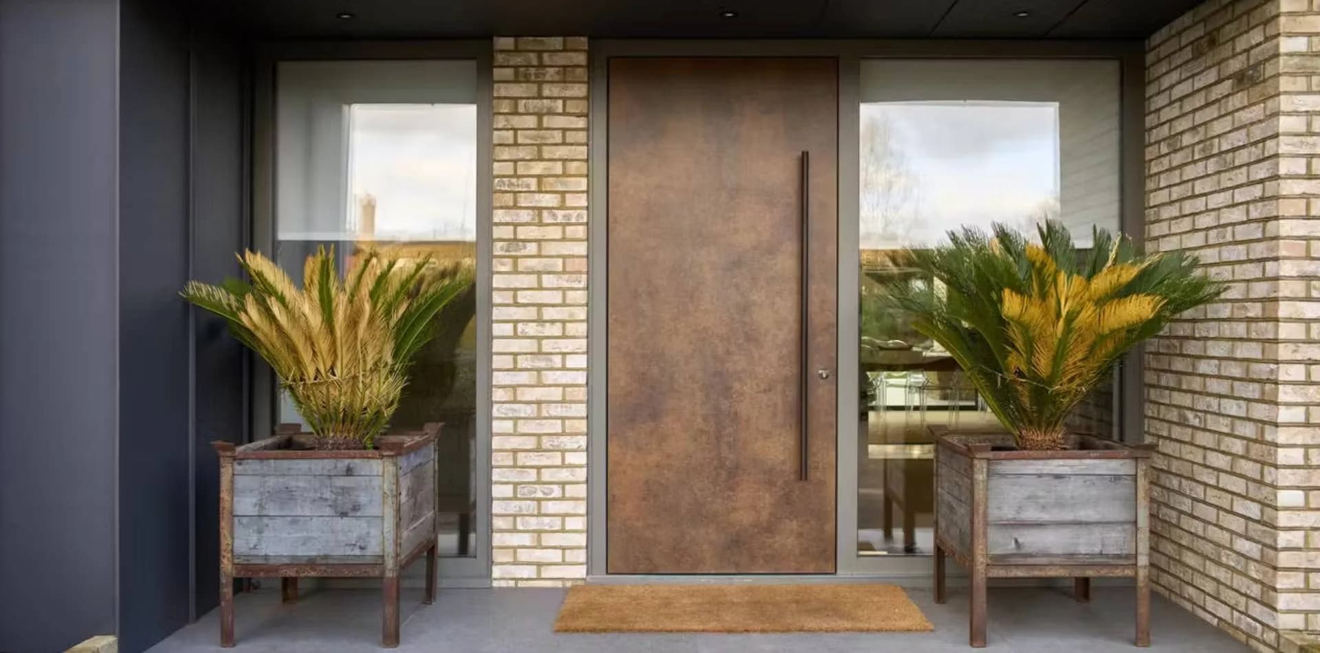 Bronze-toned pivot front door with a long vertical handle