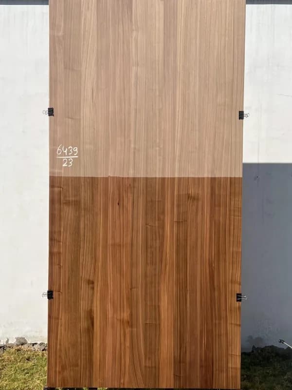 American walnut veneer sheet with a raw upper half and a finished lower half