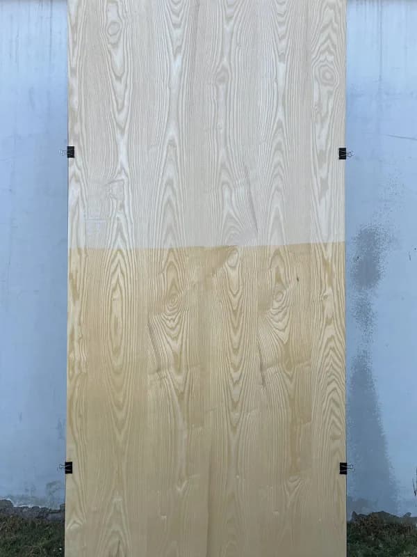 White ash wood veneer sheet, shown half raw and half finished