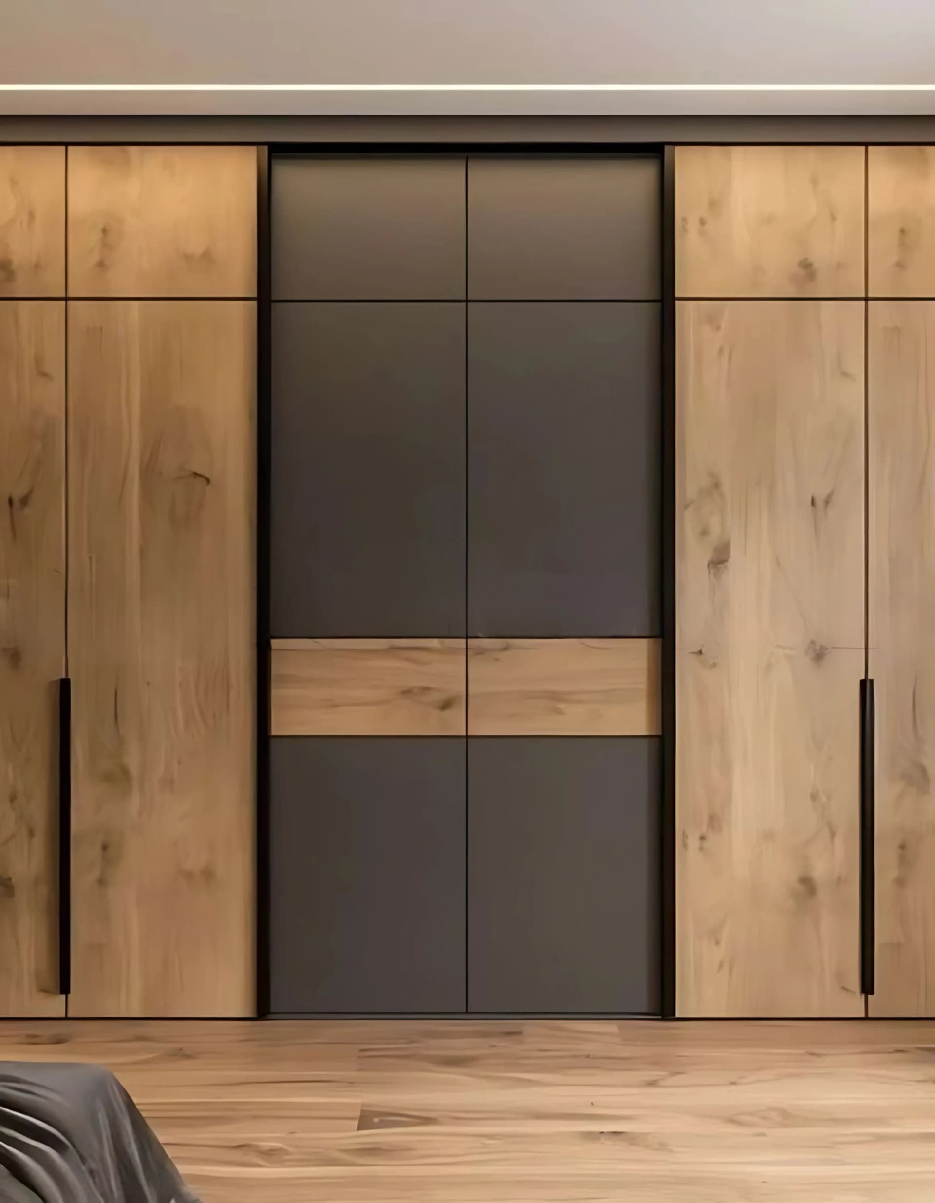 Floor-to-ceiling wardrobe with oak veneer side doors, a dark grey centre bay and long vertical handles