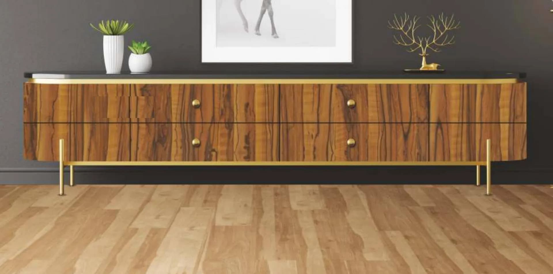 Light wood plank floor under a walnut sideboard
