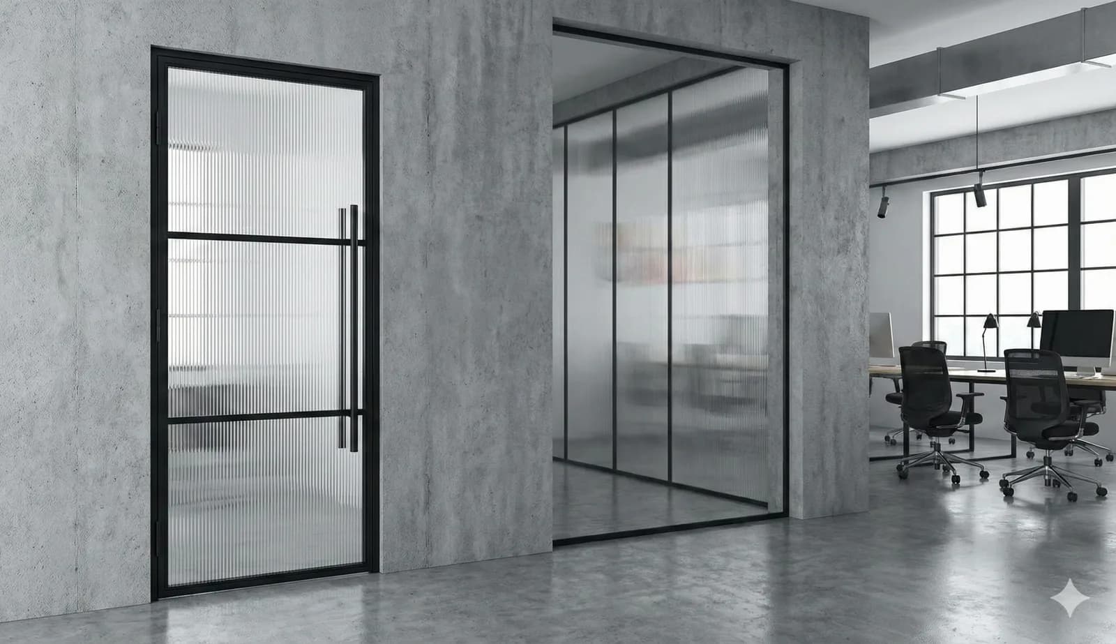 Black-framed glass partition doors in a grey office