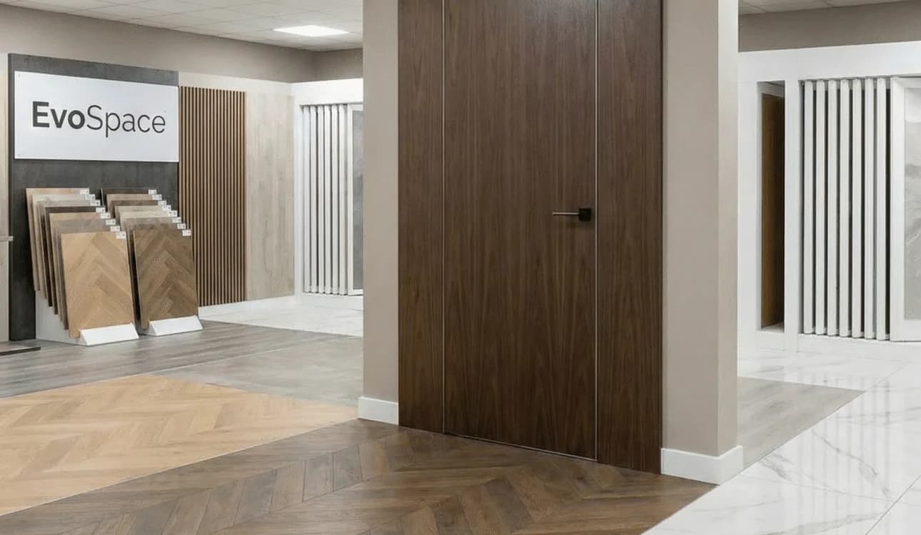 EvoSpace showroom with wood flooring samples and a tall dark wood door