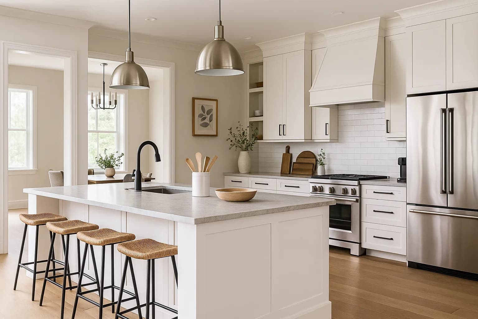 White kitchen with an island, pendant lights and wooden bar stools