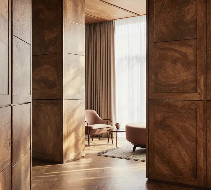 Living room with tall dark burl-grain veneer panels, drapes and armchairs