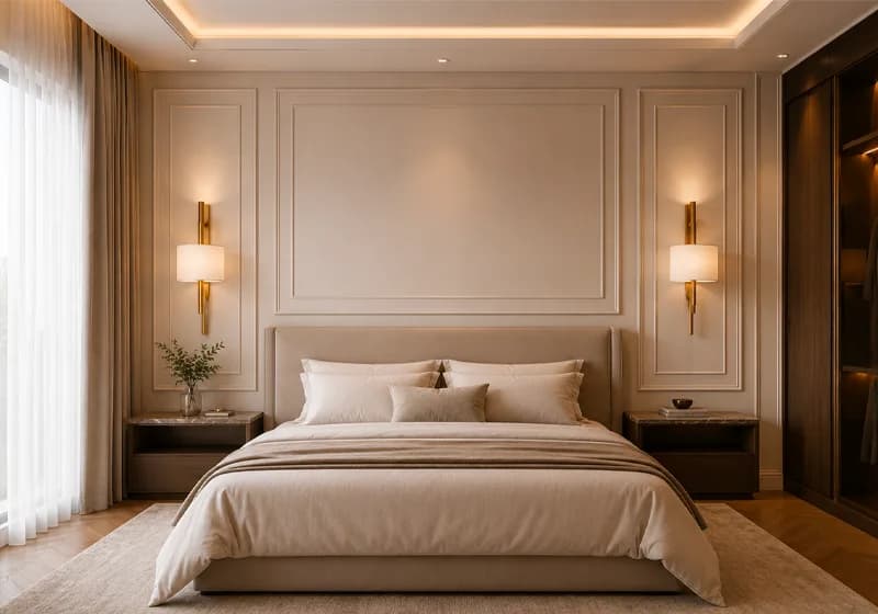 Bedroom with framed moulding panels behind the bed and wall lights on both sides