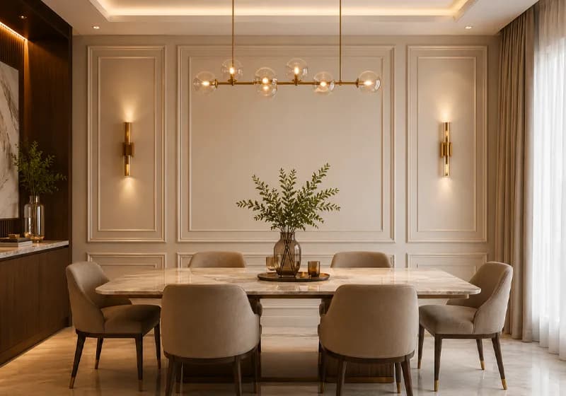 Dining room wall with framed moulding panels above a marble-top table