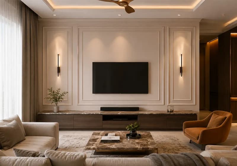 Living room TV wall with framed moulding panels and slim wall lights