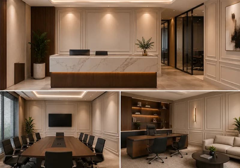Office reception desk and meeting room with panelled moulding walls