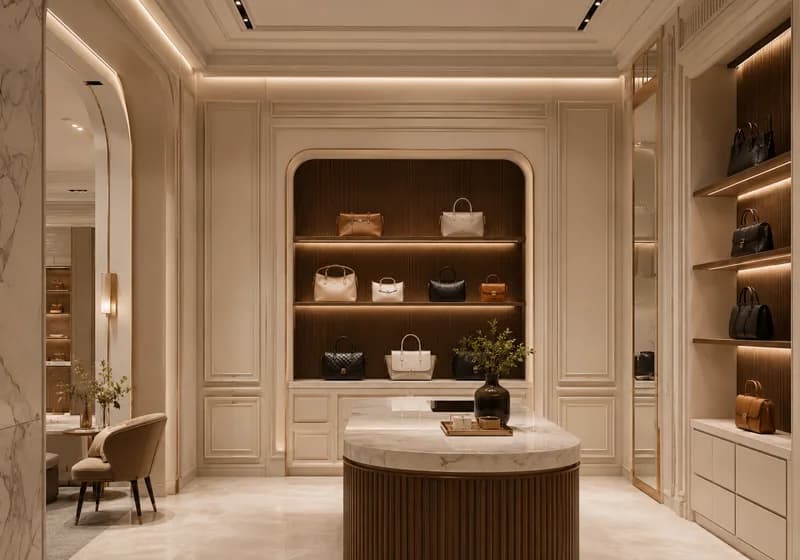 Boutique with arched moulding frames around display shelves