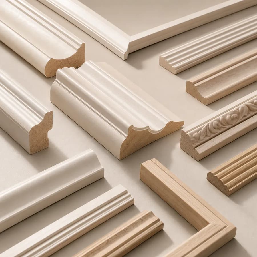 Cream wall moulding profiles with wood edges laid out on a flat surface