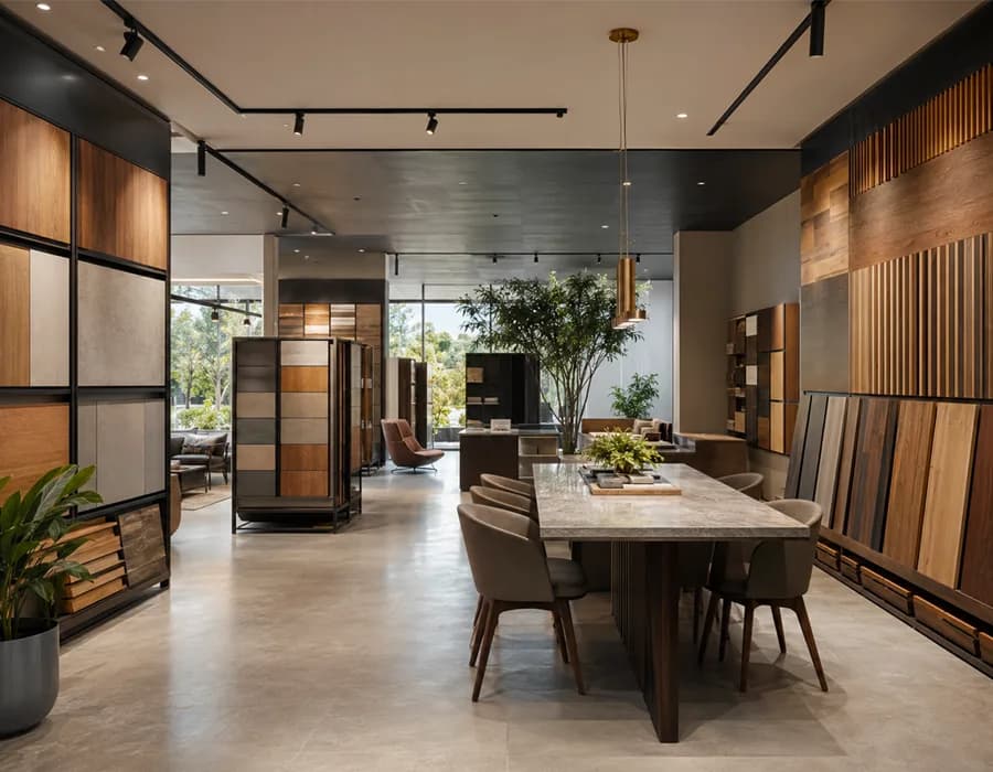 Showroom interior with wood and laminate sample panels along the walls and a long table