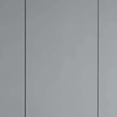 Close-up of light grey laminate shutters with a vertical gap