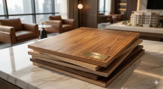 Stack of walnut-faced commercial plywood sheets on a marble counter