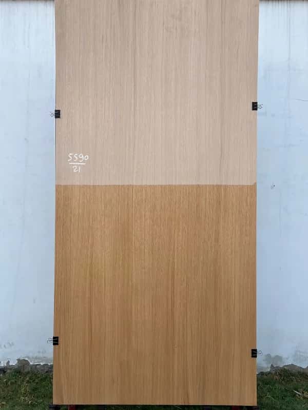 Third white oak veneer sheet, raw above and finished tan below