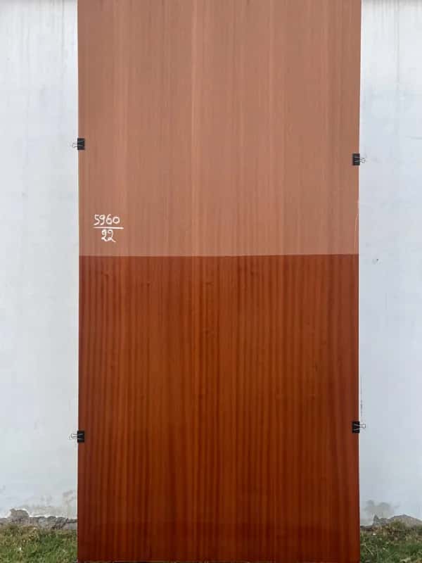 Sapeli veneer sheet against a wall: pale raw upper half, deep red-brown finished lower half