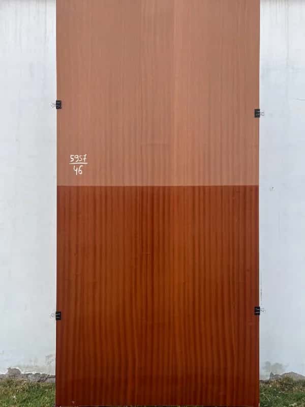 Third Sapeli veneer sheet, raw upper half and polished red-brown lower half