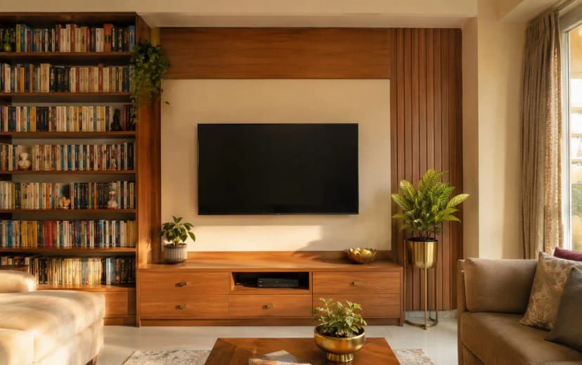 Indian living room with plywood TV unit, paneling and fully loaded bookshelves still straight and new-looking after years