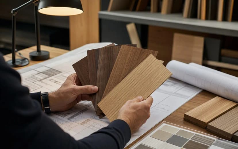 An architect fanning out wood veneer sample swatches over blueprints in a design studio