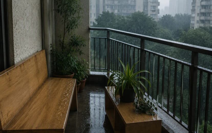 Wooden bench and planter table on an Indian apartment balcony getting wet in heavy monsoon rain