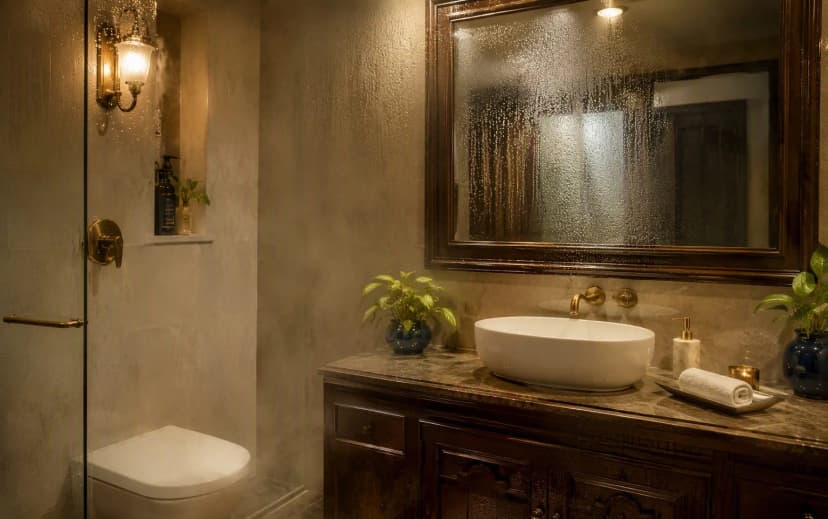 Indian bathroom with a wooden vanity cabinet under the wash basin in a steamy humid atmosphere after a hot shower