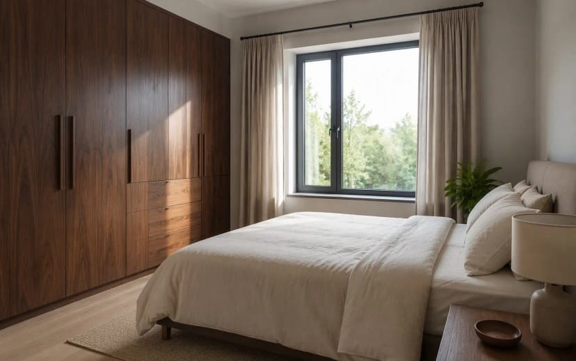 Bedroom with walnut laminate wardrobe, cream bedding and soft daylight showing a calm material palette
