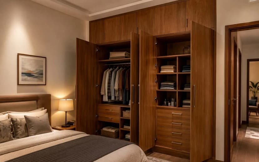 An open plywood wardrobe in a bedroom showing shelves, drawers, hanging space and a loft above