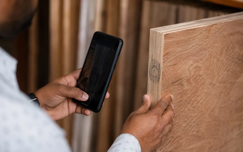 Buyer verifying the licence stamp on a plywood sheet edge with a smartphone inside a Bangalore timber shop