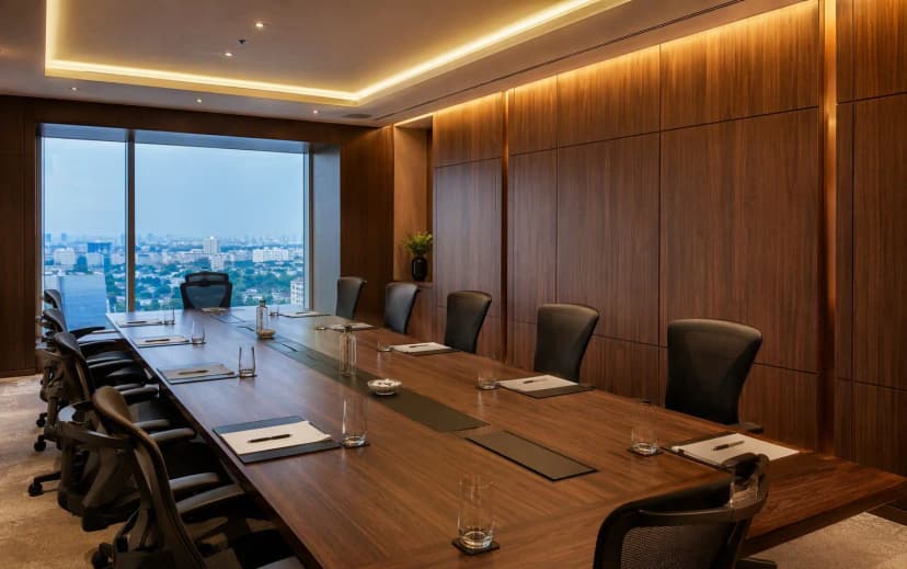 A corporate boardroom with walnut veneer wall panels and a long veneer-topped conference table