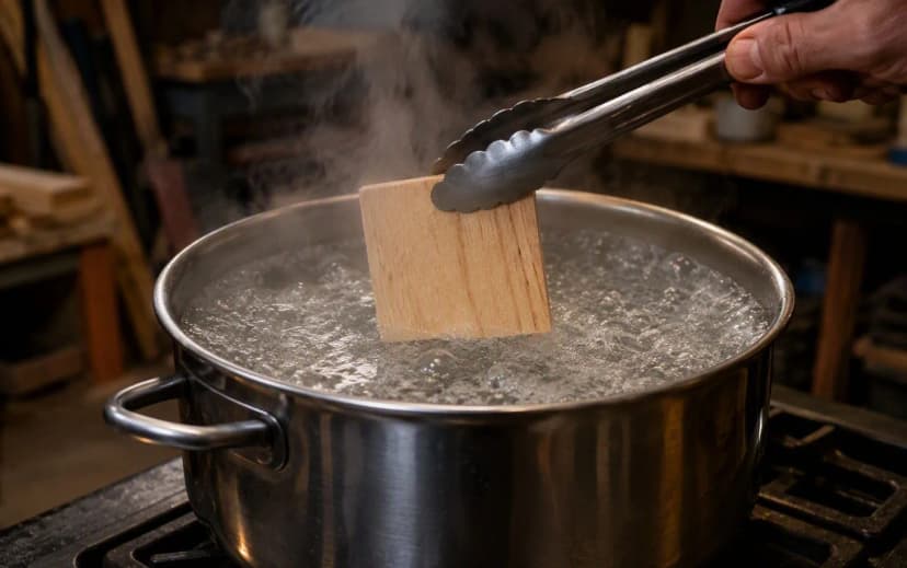 Small plywood sample pieces being lowered into a pot of boiling water on a gas stove with tongs