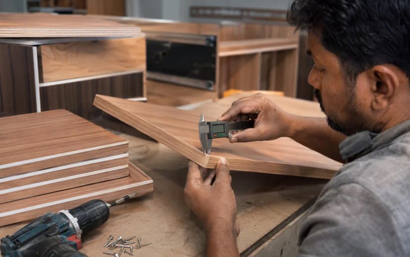 Carpenter checking an 18 mm plywood panel with a digital caliper at a Bangalore workshop, edge-banded panels stacked nearby