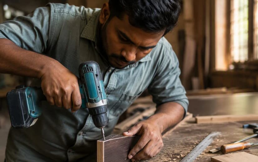 Carpenter driving a screw into the edge of a plywood board in an Indian furniture workshop
