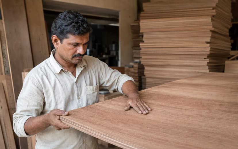 Carpenter in Bangalore inspecting a plywood sheet surface and edge stamp before purchase