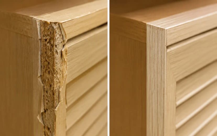 Comparison of a swollen peeling particle board edge versus a crisp intact plywood edge on furniture shutters