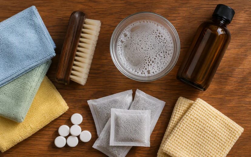 Plywood furniture cleaning kit for Indian homes: microfiber cloths, soft brush, mild soapy water, silica gel packets, camphor and polish